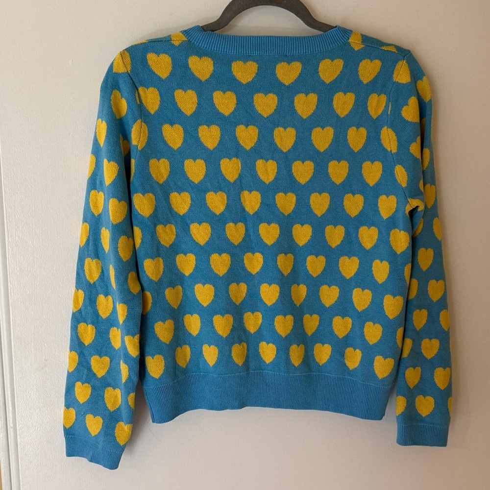 Blue and Yellow Heart Pattern Button Up Sweater Cardigan - Picture 7 of 7